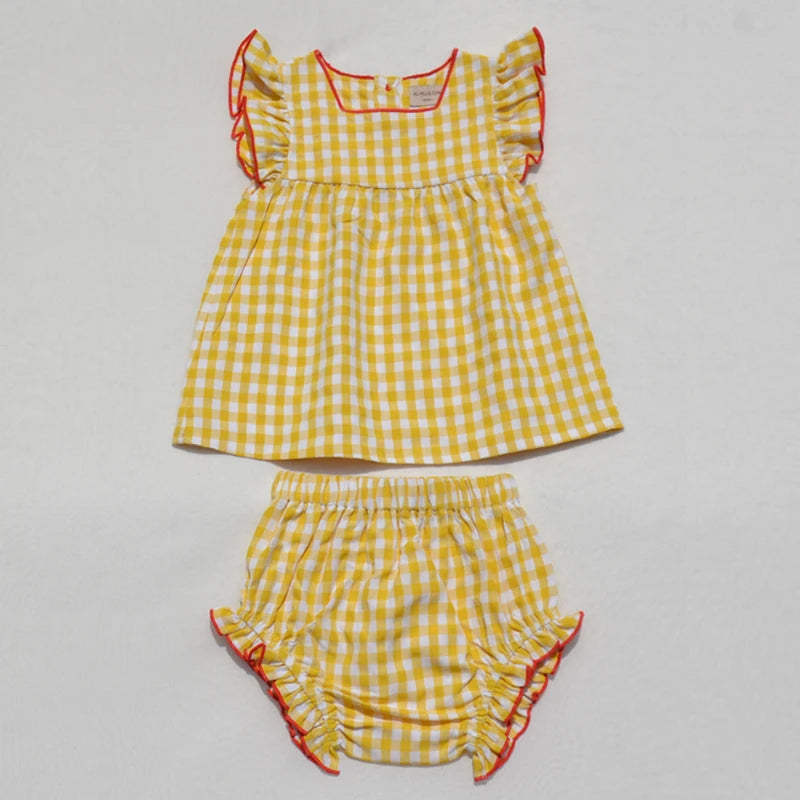 Ali Plus SS25 yellow and white gingham summer set with red stitch girls dress baby romper boys top and pants and toddler sets