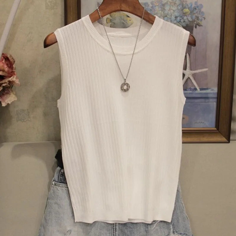 1pcs Summer New Fashion Knitted Vests O-neck Sleeveless Casual Thin Tops SuperFye One Size / WHITE SuperFye