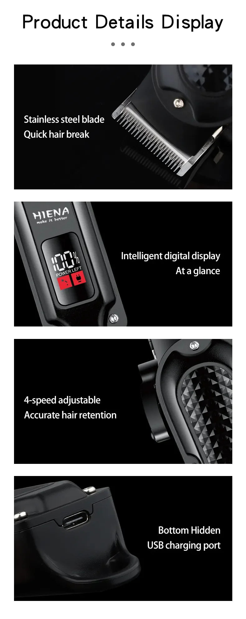 Hiena HYN-212 Electric Hair Clipper UBS Rechargeable Cordless Beard Trimmer Men Powerful Electric Hair Clipper Trimming Tool SuperFye black SuperFye