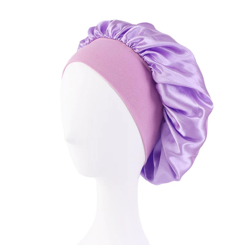 New Women's Satin Solid Wide-brimmed Sleeping Hat Unisex Head Wrap Elastic Band Cap Hair Care Bonnet Night Hat bonnet de nuit