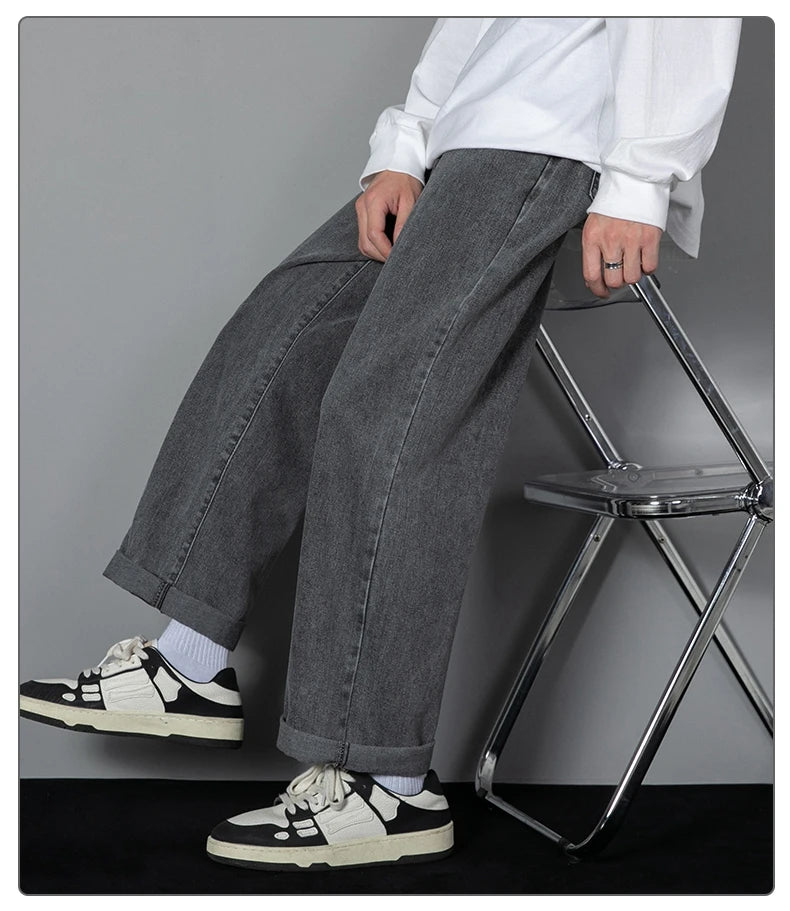 2025 New Korean Men's Casual Long Jeans Classic Man Straight Denim Wide-leg Pants Solid Color Light Blue Grey Black 3XL SuperFye Deep BLue / XXXL For 180CM 95KG SuperFye