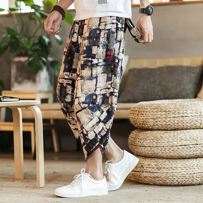 Harajuku Summer Loose Calf Length Casual Pants Men Wide Leg Cotton Linen Printing Baggy Pants Oversize Men's Trousers SuperFye Model B / Chinese Size XXL SuperFye