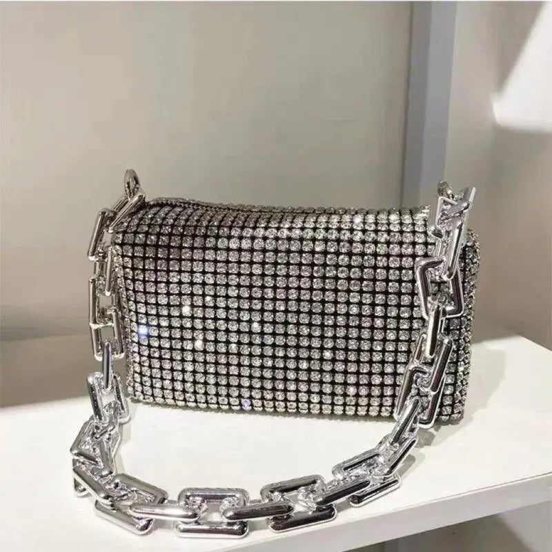 Allover Rhinestone Bucket Bag, Glitter Chain Prom Purse, Women's Mini Crossbody Bag (6.3*3.54) Inch SuperFye Silver SuperFye