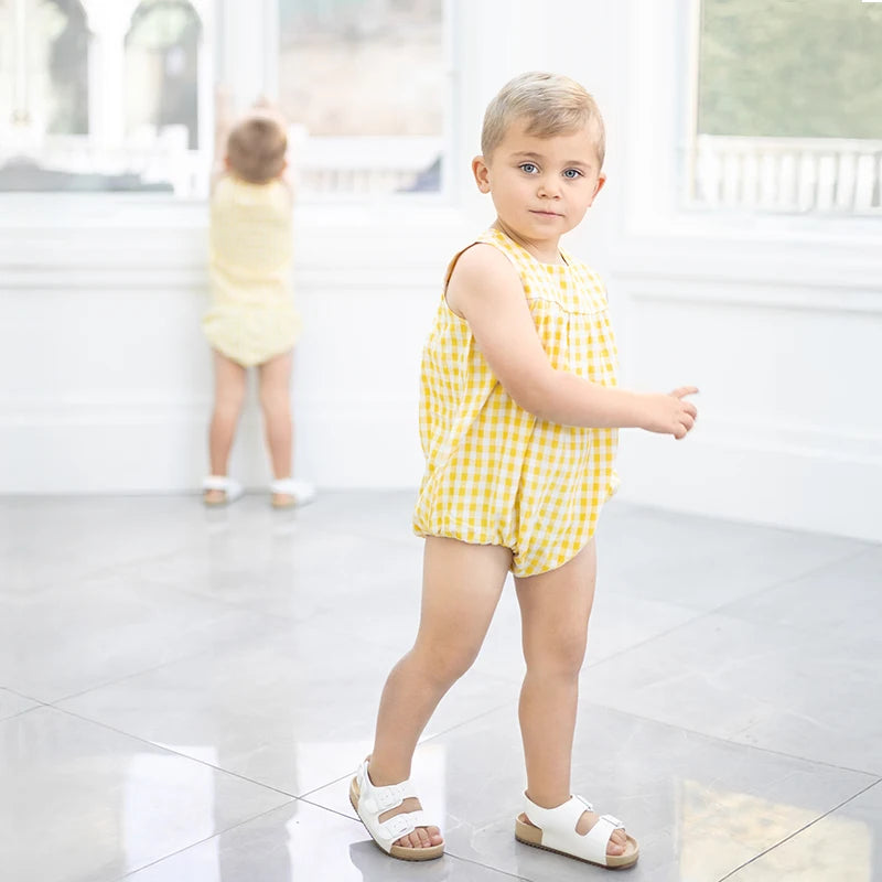 Ali Plus SS25 yellow and white gingham summer set with red stitch girls dress baby romper boys top and pants and toddler sets