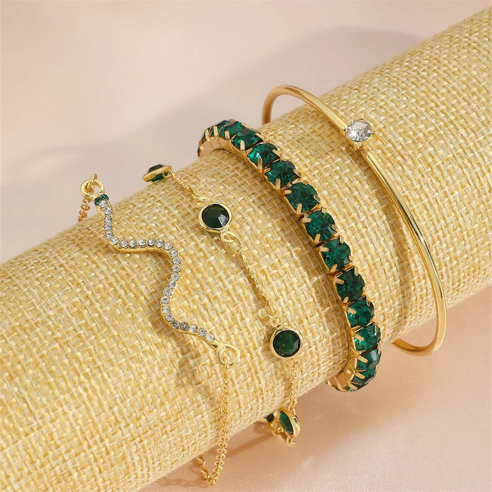 4Pcs/Set Fashion Snake Green Gemstone Bangle Rhinestone Full Metal Bracelet For Women Birthday Party Christmas Gift Jewerly SuperFye SL112 SuperFye