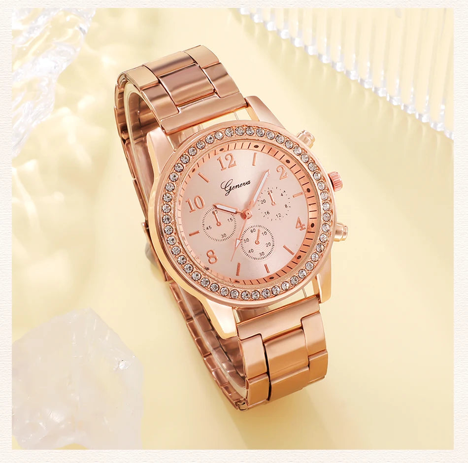 6PCS Set Rose Gold Luxury Watch Women Ring Necklace Earring Rhinestone Fashion Wristwatch Casual Ladies Bracelet Watches SuperFye Gold SuperFye