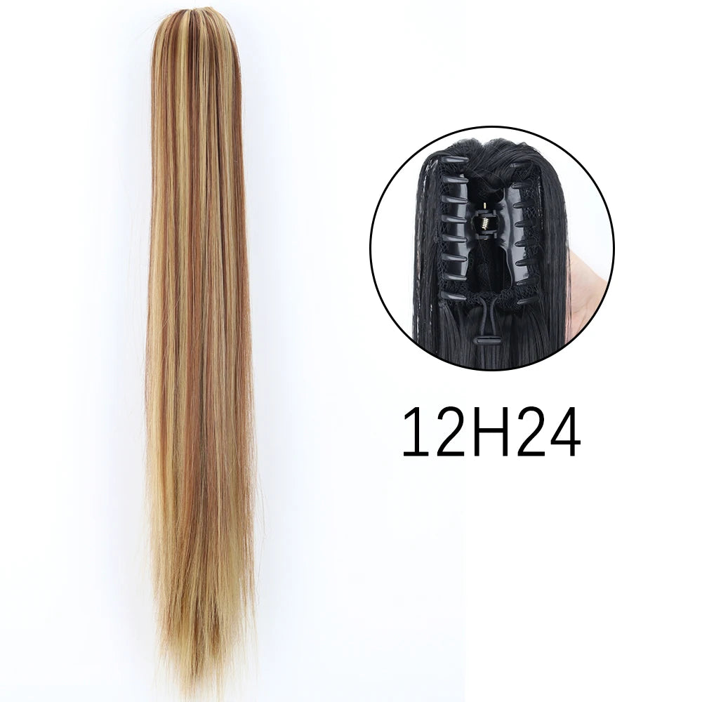 Synthetic Long Straight Claw Clip On Ponytail Hair Extensions 24Inch Heat Resistant Pony Tail Hair piece For Women Daily Party