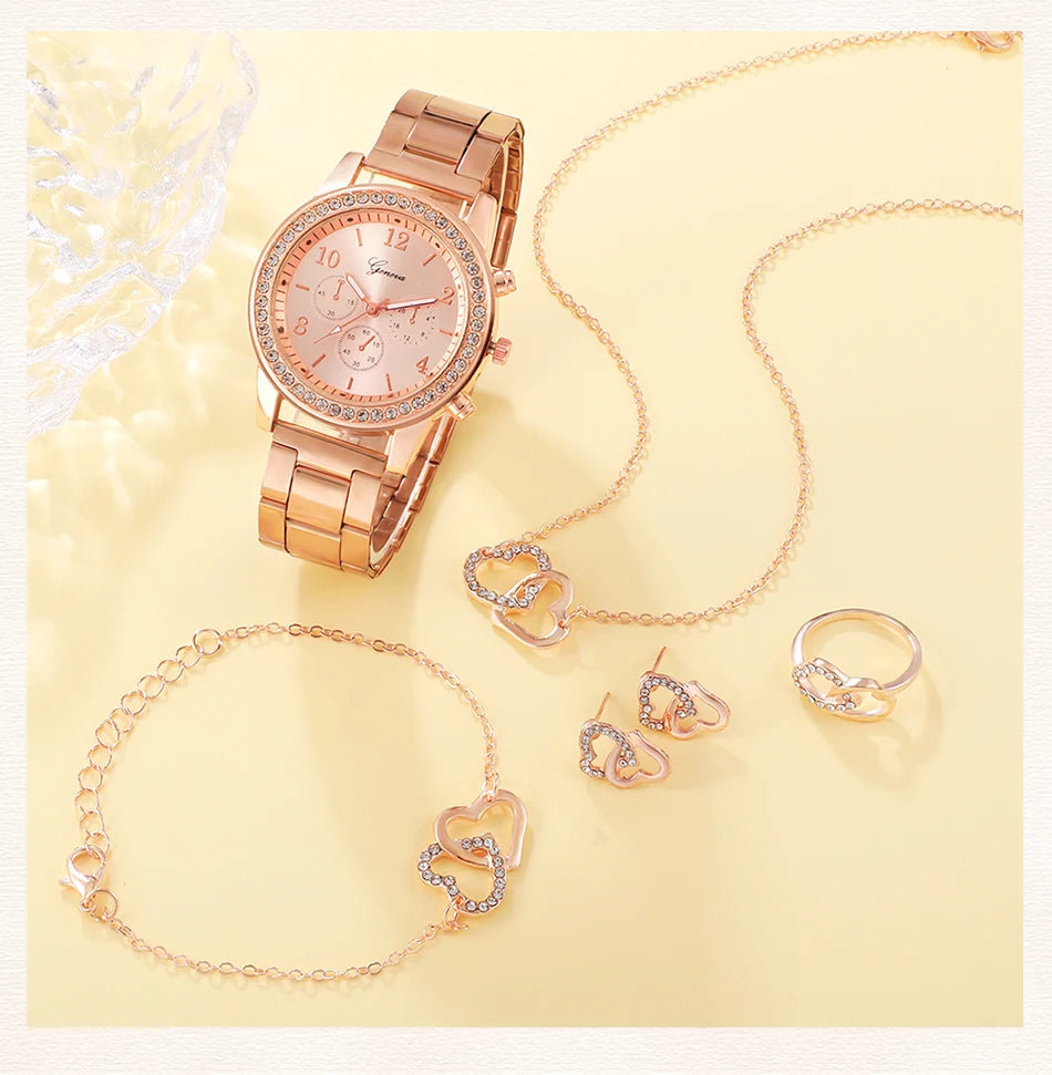 6PCS Set Rose Gold Luxury Watch Women Ring Necklace Earring Rhinestone Fashion Wristwatch Casual Ladies Bracelet Watches SuperFye Gold SuperFye