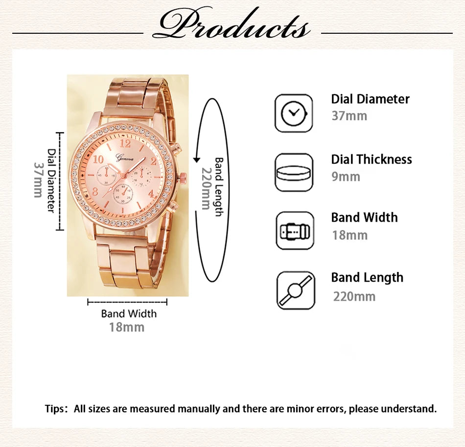 6PCS Set Rose Gold Luxury Watch Women Ring Necklace Earring Rhinestone Fashion Wristwatch Casual Ladies Bracelet Watches SuperFye Gold SuperFye