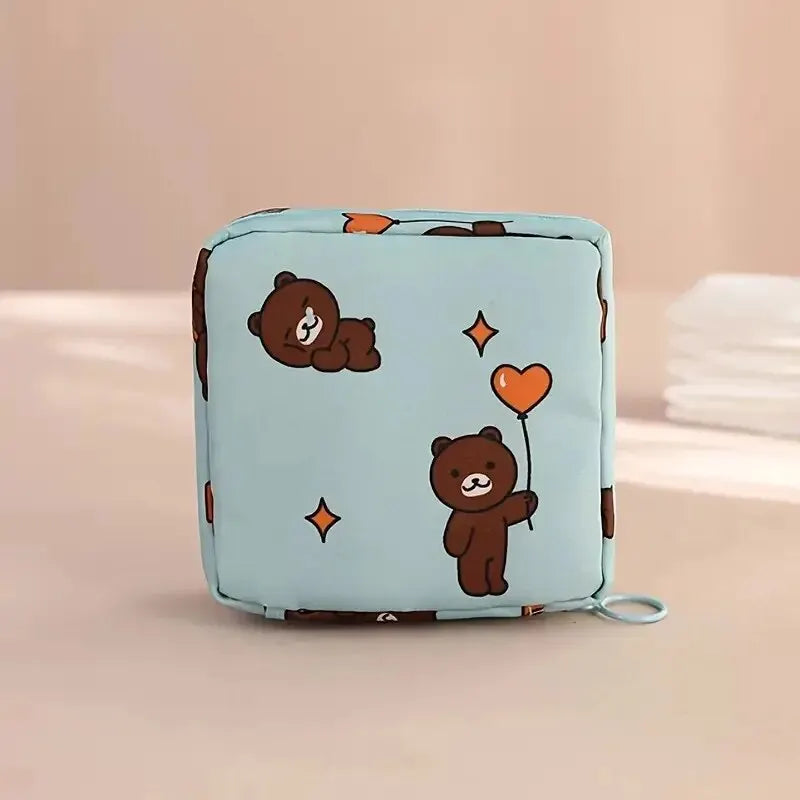 Women Sanitary Napkin Tampon Storage Bag Portable Waterproof Organizer Pouch Cartoon Pattern Sanitary Napkin Bag SuperFye Blue Bear SuperFye