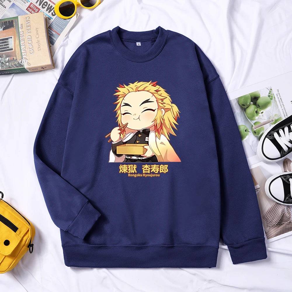 Demon Slayer Anime Rengoku Kyoujurou Women Sweater Autumn Trendy Hoody Crewneck Fleece Pullover Simple Loose Female Sweatshirt