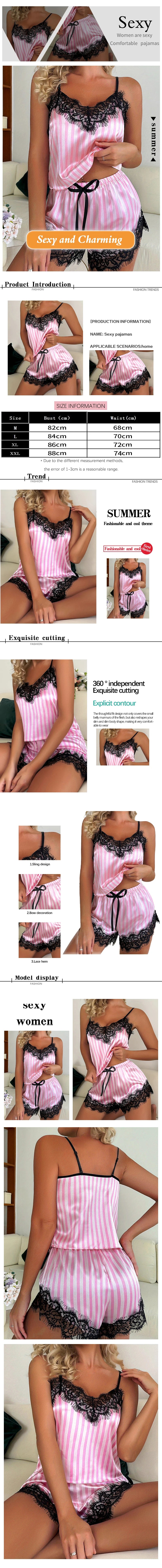 Two Piece Women's V-Neck Sexy Lace Suspender Pajama Shorts Set Casual Women's Sleeveless Sexy Pajama Set SuperFye Pink / L SuperFye