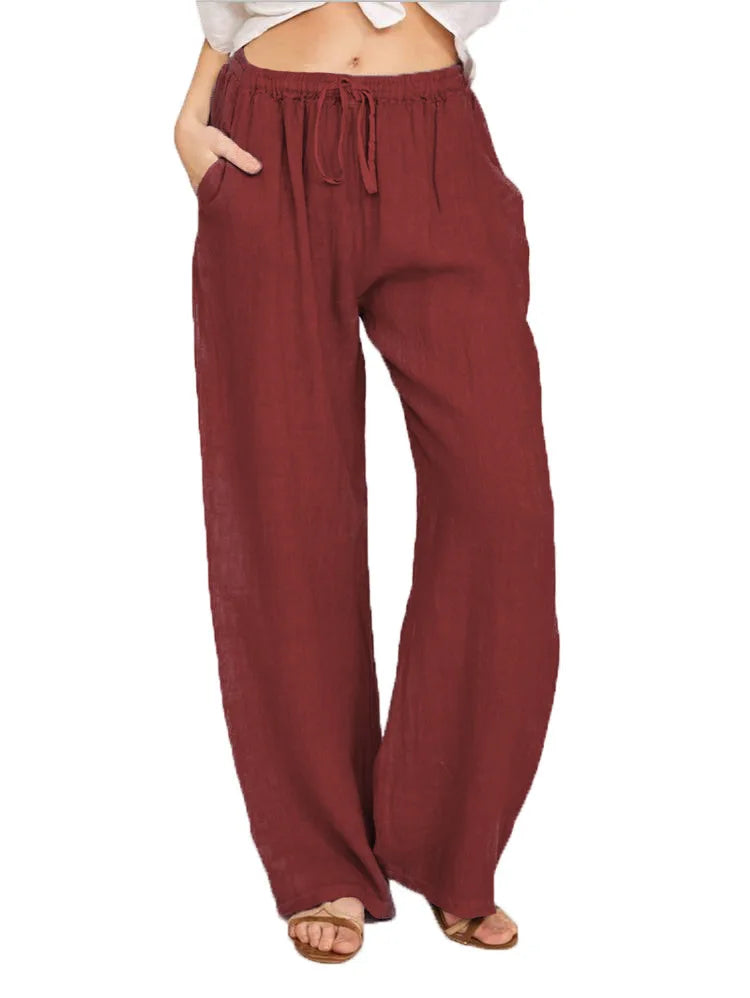 Summer and Autumn New Casual Women's Wear in Europe, America, and Europe Large Loose Cotton Hemp Casual Pants SuperFye Burgundy / L SuperFye