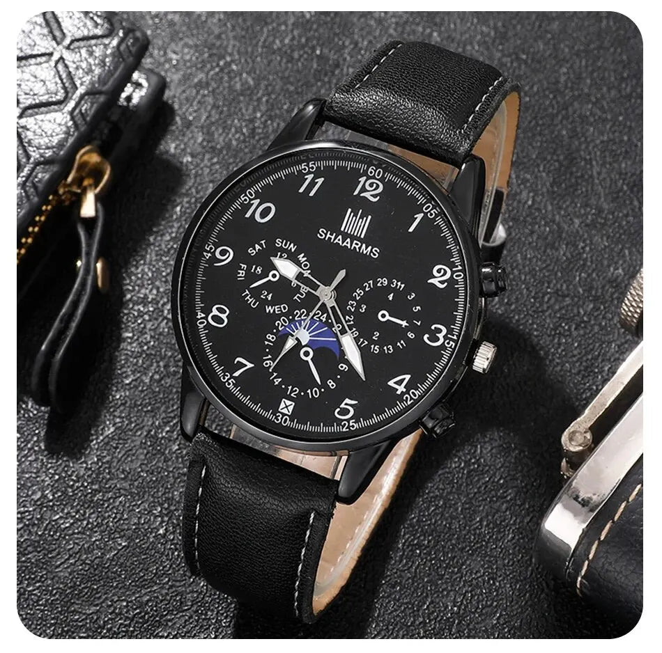 Fashion Mens Watches Wallet Glasses For Men Retro Black Bussiness Quartz Watch Male Casual Watch Relogio Masculino SuperFye Black SuperFye