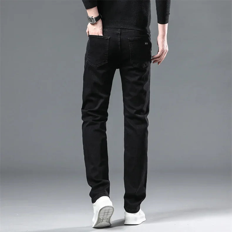 WTHINLEE Winter Men Black Straight Stretch Denim Thick Velvet Pants Warm Jeans Casual Fleece Line Trousers Male Plus Size