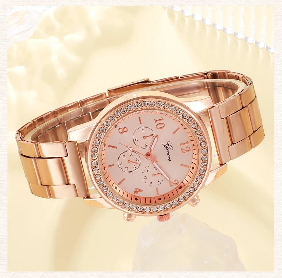 6PCS Set Rose Gold Luxury Watch Women Ring Necklace Earring Rhinestone Fashion Wristwatch Casual Ladies Bracelet Watches SuperFye Gold SuperFye