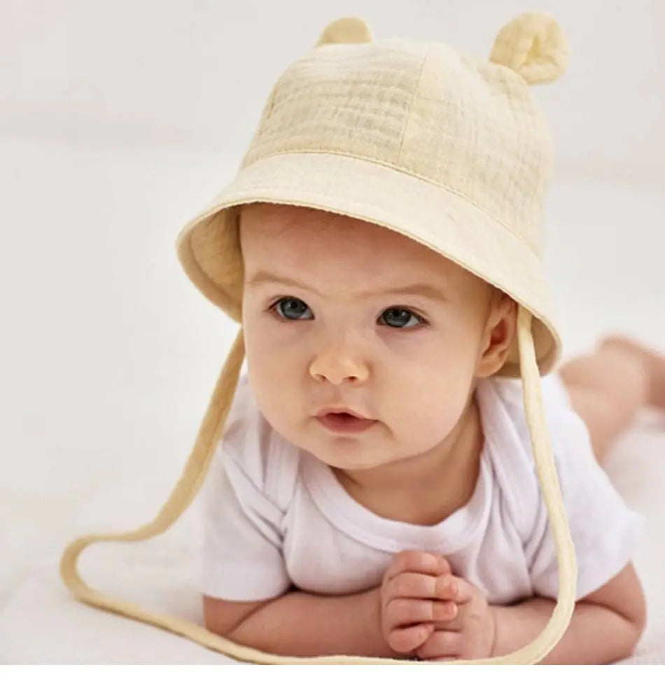 Soft Cotton Baby Sun Hat With Ears Cute Bunny Newborn Boys Girls Bucket Hat Summer Kids Toddler Panama Cap 0 to 12 Months SuperFye Light Yellow / One Size SuperFye