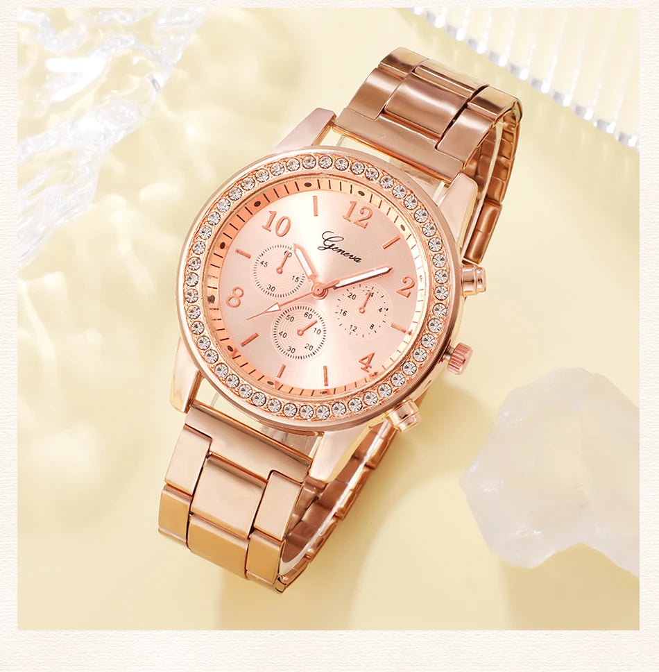 6PCS Set Rose Gold Luxury Watch Women Ring Necklace Earring Rhinestone Fashion Wristwatch Casual Ladies Bracelet Watches SuperFye Gold SuperFye