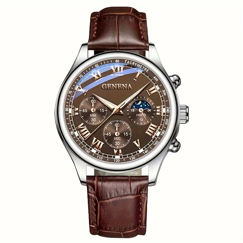 GENEVA High Quality Men's Luxury Belt Fashion Quartz Watch Men Round Business Student Sport Waterproof Glow Clock SuperFye BROWN SuperFye