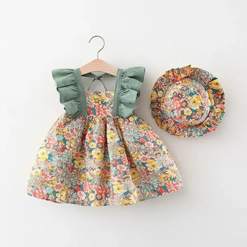 Summer New Girl Baby Strap Dress Fragmented Flower Children's Sleeveless Princess Dress 0-3 Year Old Newborn Comes with Hat SuperFye Green / 10(18-24m) SuperFye