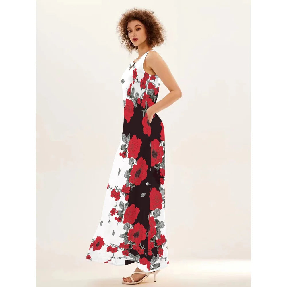 Flower Print New Casual Sleeveless Long Dress Women's V-Neck Printed Dress Swing Bohemian Retro Dresses