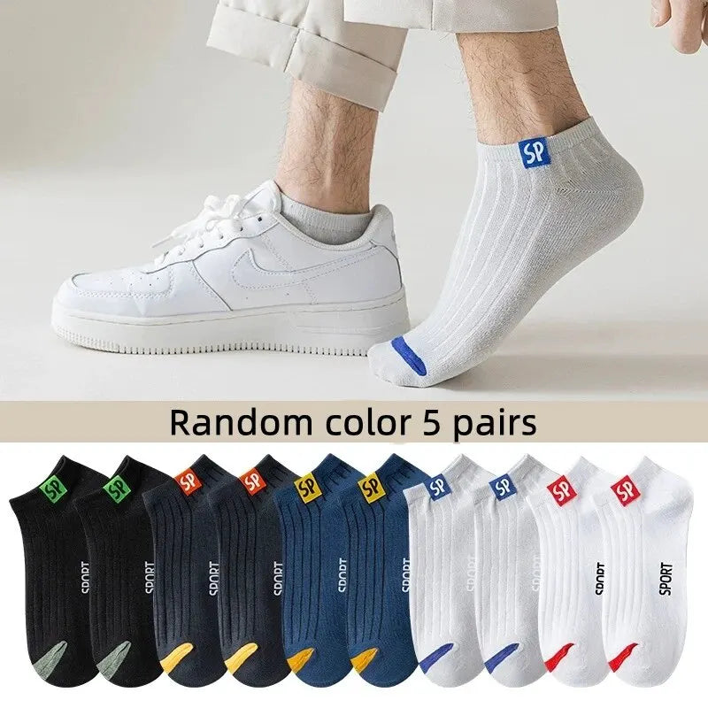 5pairs Men's Fashion Sports Socks, Striped Cotton Sweat Absorption Breathable Comfortable Ankle Socks