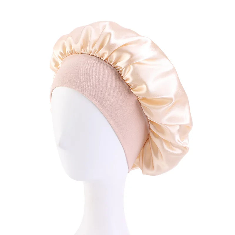 New Women's Satin Solid Wide-brimmed Sleeping Hat Unisex Head Wrap Elastic Band Cap Hair Care Bonnet Night Hat bonnet de nuit SuperFye Khaki SuperFye