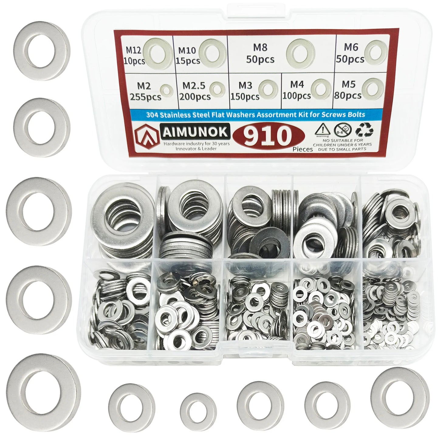 910/200pcs 304 Stainless Steel Flat Washers Assortment Kit (M2 M2.5 M3 M4 M5 M6 M8 M10 M12) Suitable for Home Decoration SuperFye 910pcs Kit SuperFye