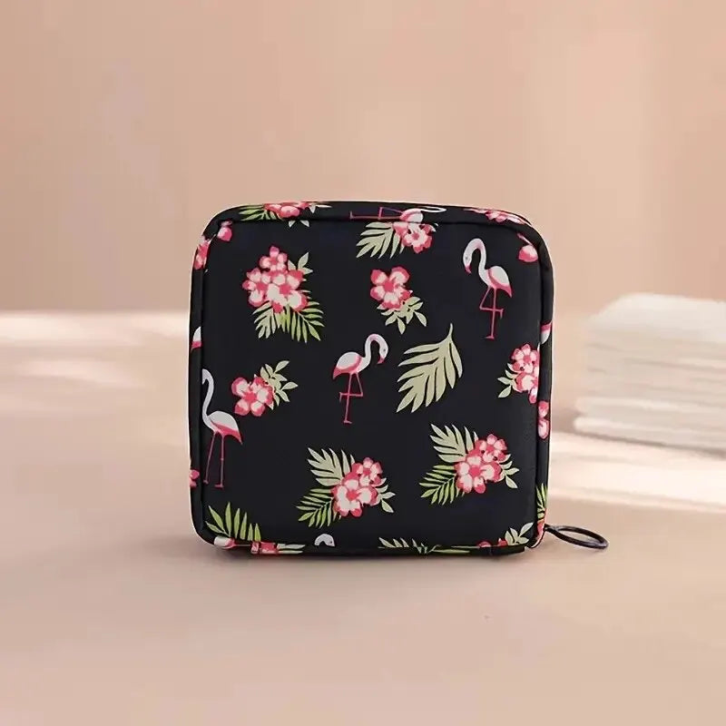 Women Sanitary Napkin Tampon Storage Bag Portable Waterproof Organizer Pouch Cartoon Pattern Sanitary Napkin Bag SuperFye Black Flamingo SuperFye