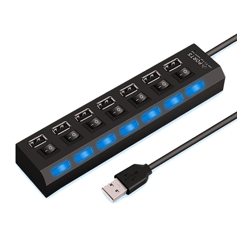 High Speed 4/7 Ports USB HUB 2.0 Adapter Expander Multi USB Splitter Multiple Extender with LED Lamp Switch for PC Laptop SuperFye 7 Ports Black SuperFye