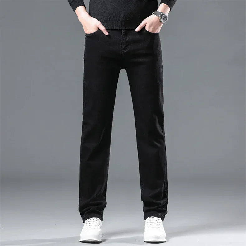 WTHINLEE Winter Men Black Straight Stretch Denim Thick Velvet Pants Warm Jeans Casual Fleece Line Trousers Male Plus Size