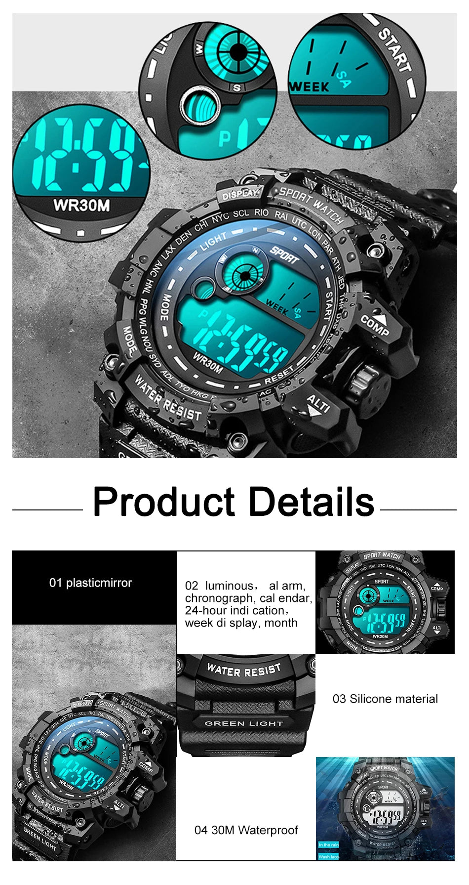 New Men LED Digital Watches Luminous Fashion Sport Waterproof Watches For Man Date Army Military Clock Relogio Masculino SuperFye black SuperFye