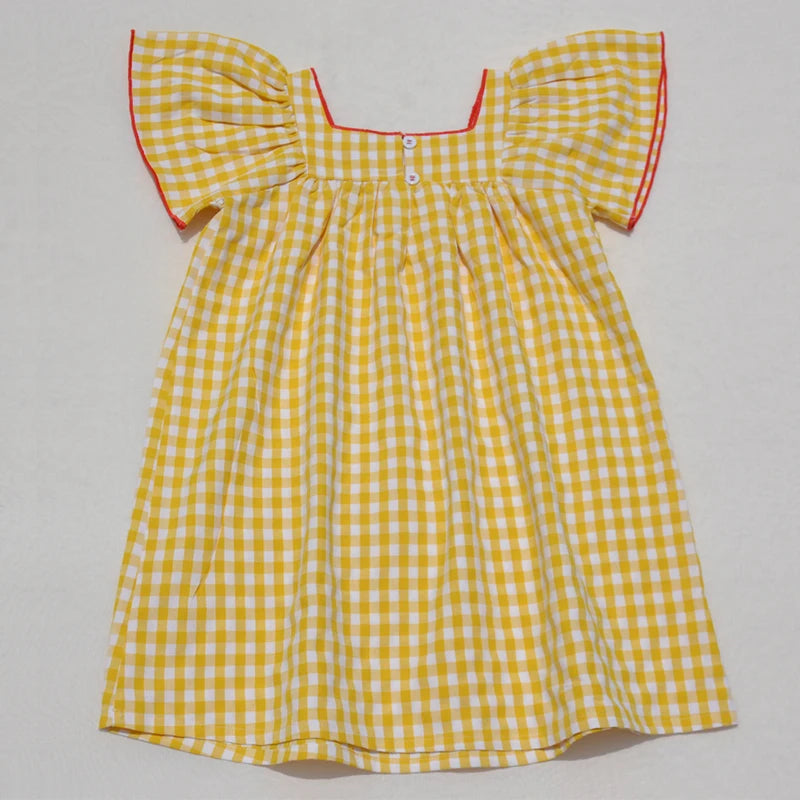 Ali Plus SS25 yellow and white gingham summer set with red stitch girls dress baby romper boys top and pants and toddler sets