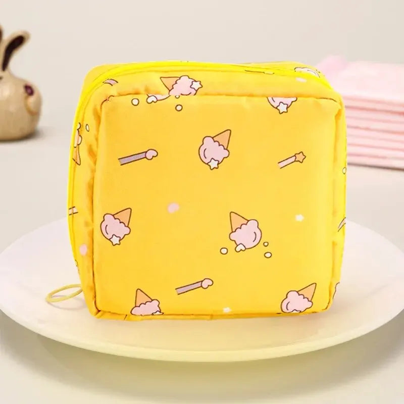 Women Sanitary Napkin Tampon Storage Bag Portable Waterproof Organizer Pouch Cartoon Pattern Sanitary Napkin Bag SuperFye Yellow Ice Cream SuperFye