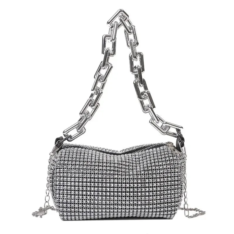 Allover Rhinestone Bucket Bag, Glitter Chain Prom Purse, Women's Mini Crossbody Bag (6.3*3.54) Inch SuperFye Silver SuperFye