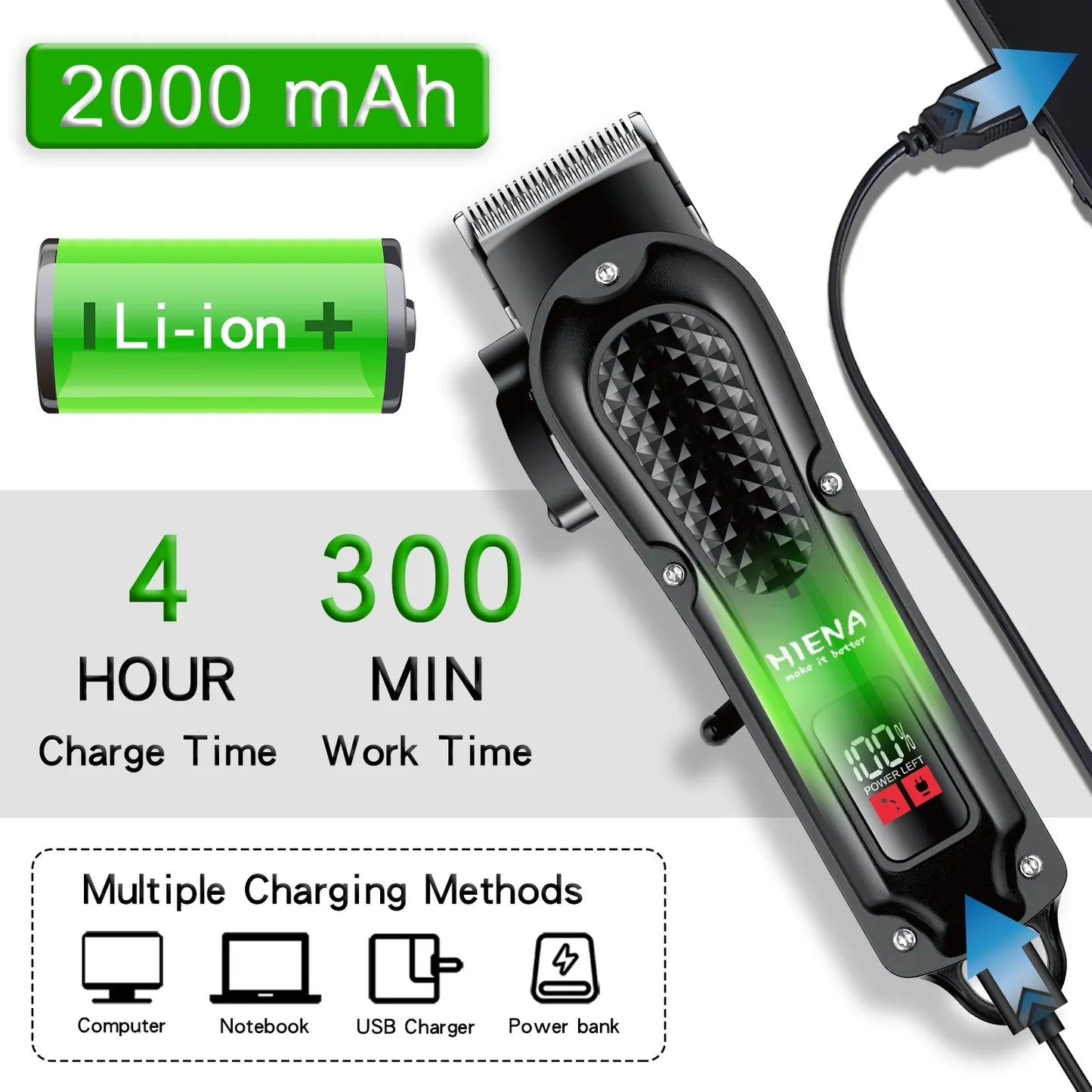 Hiena HYN-212 Electric Hair Clipper UBS Rechargeable Cordless Beard Trimmer Men Powerful Electric Hair Clipper Trimming Tool SuperFye black SuperFye