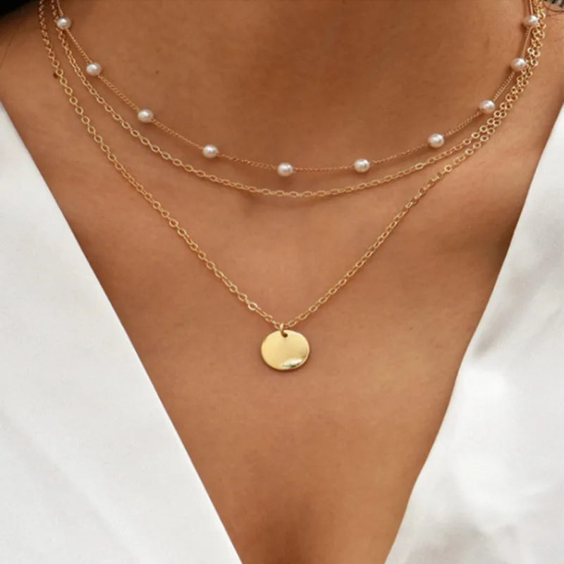 Minimalist Round Stick Pendant Necklace for Women Pearl Clavicle Necklace Leaves Long Chain Fashion Jewelry Statement Girl Gift