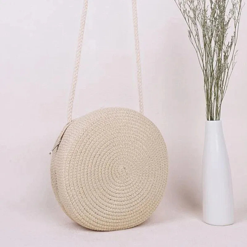 Minimalist Straw Bag Round Crossbody Purse Women Shoulder Vocation Style Handbag SuperFye orage SuperFye