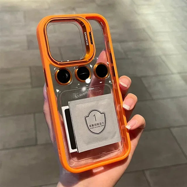 Lens Metal Ring Protector Stand Phone Case For IPhone 13 11 12 14 15 Pro Max Plus Camera Glass Lens Protection Transparent Cover SuperFye Orange / For Iphone 14 ProMax SuperFye