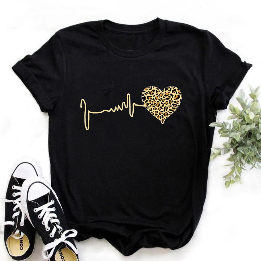 Summer New 90 's Leopard Heartbeat Short Sleeve Print Clothing Women's T-Shirt Harajuku Graphic Clothing Women's Top,Drop Ship SuperFye T190X black / S SuperFye