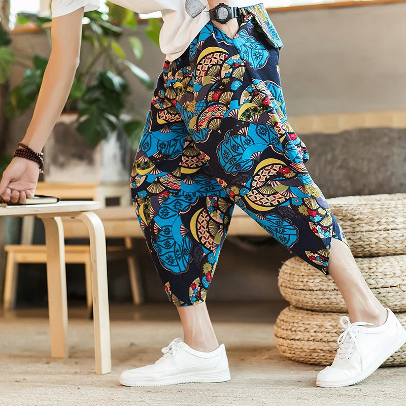 Harajuku Summer Loose Calf Length Casual Pants Men Wide Leg Cotton Linen Printing Baggy Pants Oversize Men's Trousers SuperFye Model G / Chinese Size XXXL SuperFye