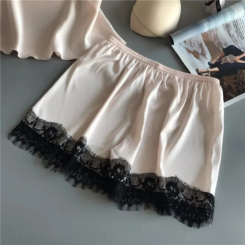 Women Pajama Suit Fashion V-Neck Stretch Satin Babydoll Lace Sexy Lingerie Bowknot Pyjamas Sleep Shorts Set Sleepwear New SuperFye ZY07 / M 45-450kg SuperFye