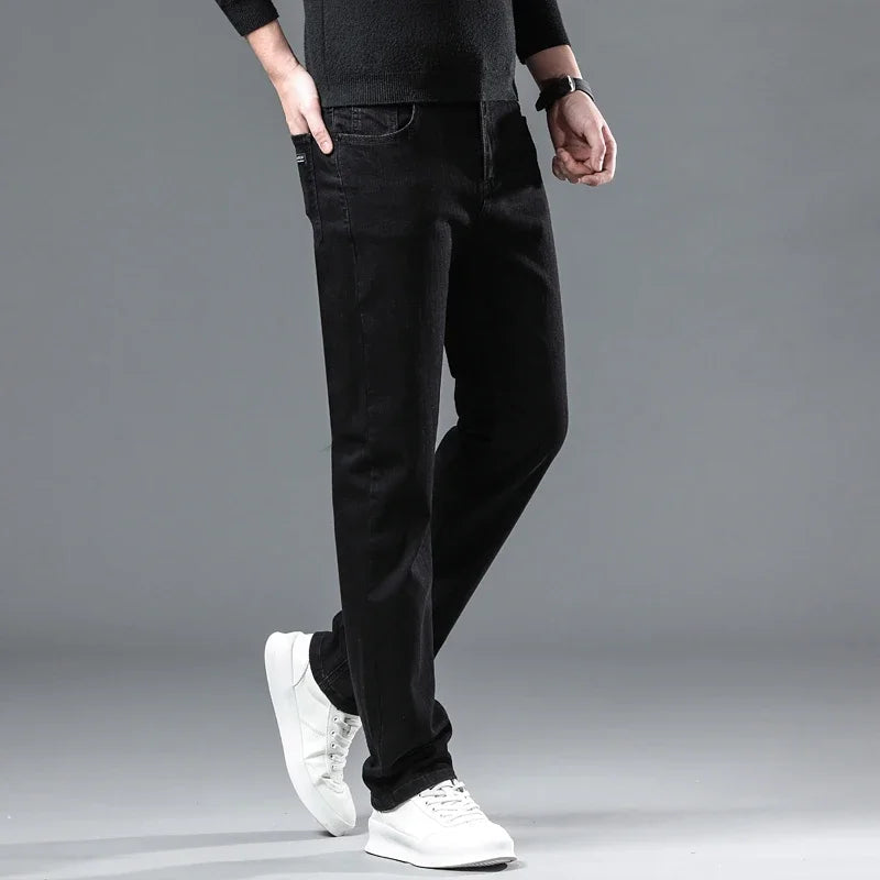 WTHINLEE Winter Men Black Straight Stretch Denim Thick Velvet Pants Warm Jeans Casual Fleece Line Trousers Male Plus Size