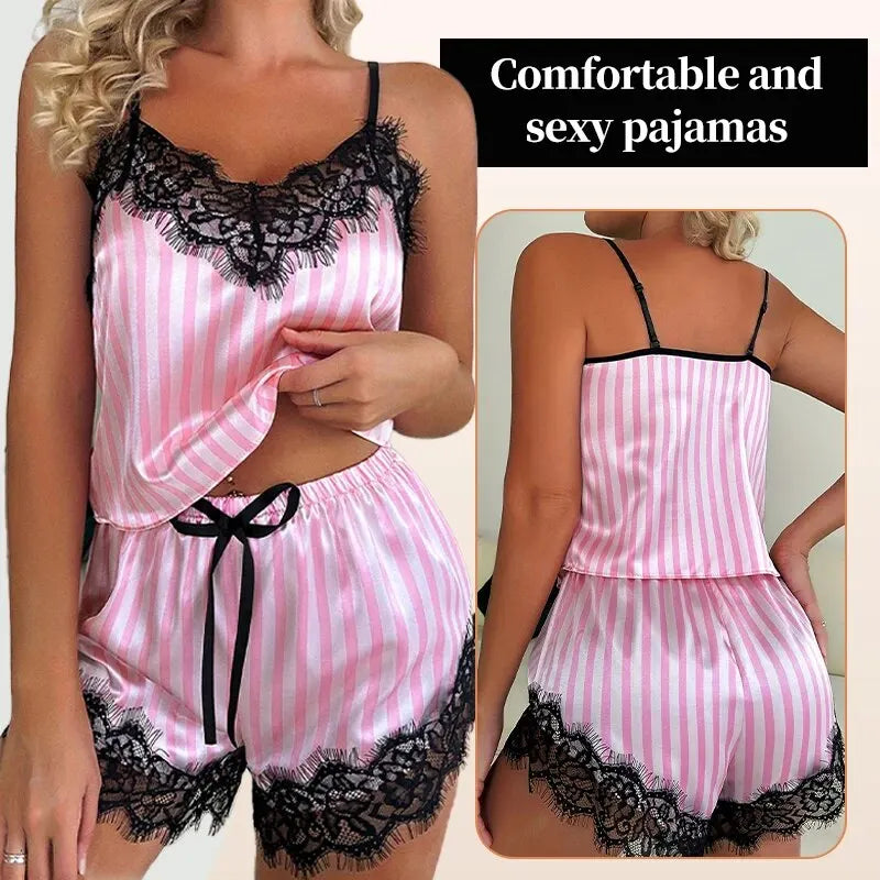 Two Piece Women's V-Neck Sexy Lace Suspender Pajama Shorts Set Casual Women's Sleeveless Sexy Pajama Set SuperFye Pink / L SuperFye