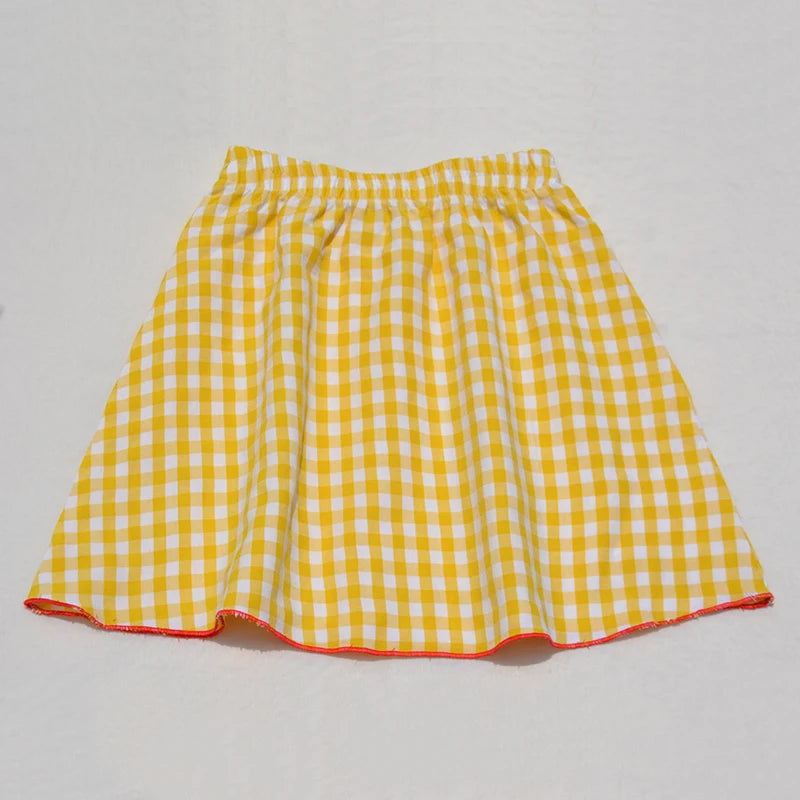 Ali Plus SS25 yellow and white gingham summer set with red stitch girls dress baby romper boys top and pants and toddler sets