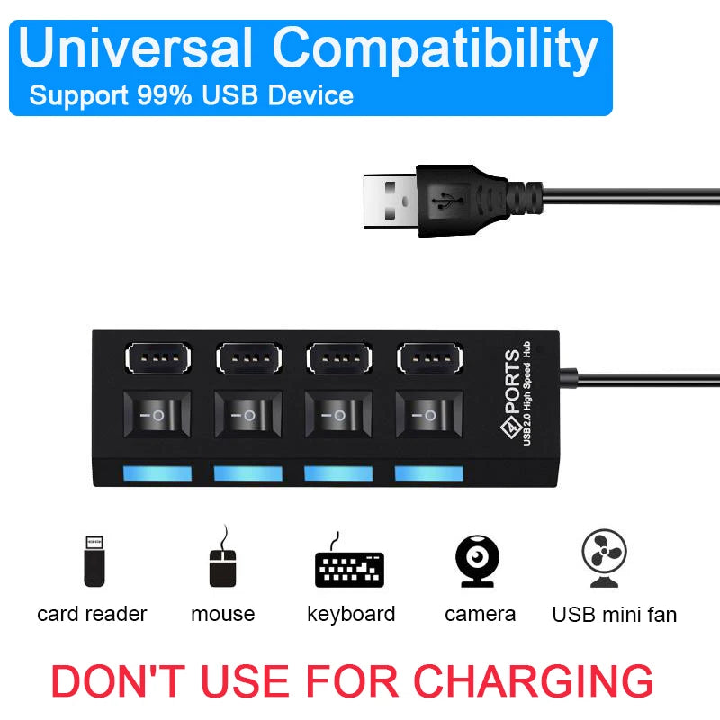 High Speed 4/7 Ports USB HUB 2.0 Adapter Expander Multi USB Splitter Multiple Extender with LED Lamp Switch for PC Laptop SuperFye 7 Ports Black SuperFye