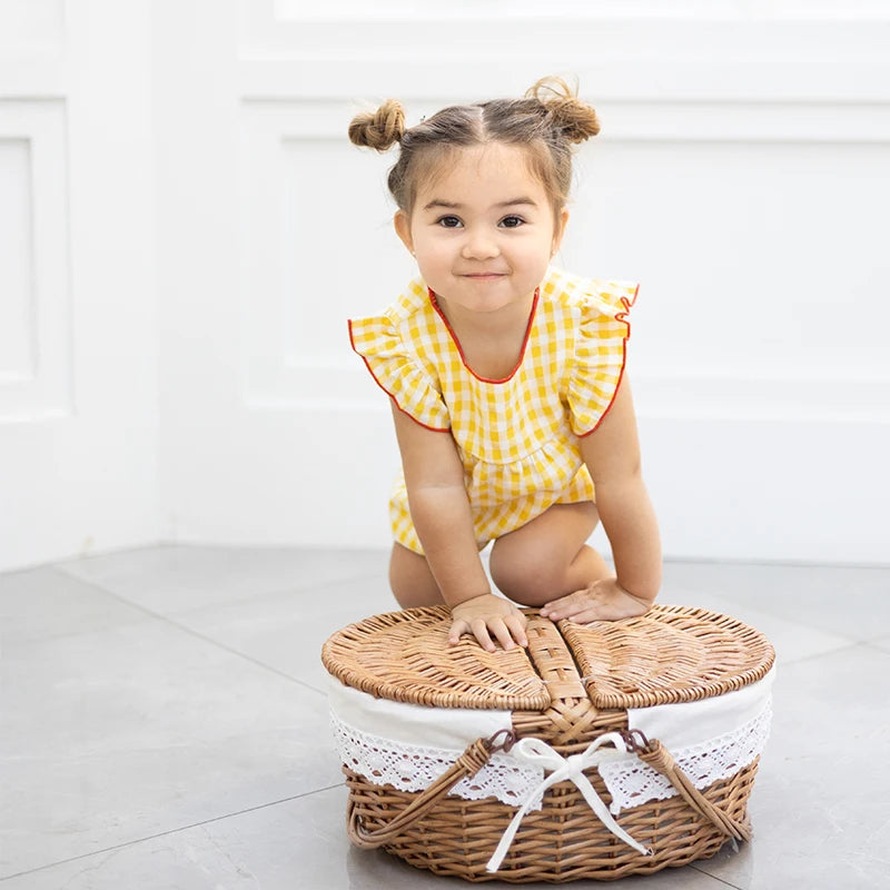 Ali Plus SS25 yellow and white gingham summer set with red stitch girls dress baby romper boys top and pants and toddler sets