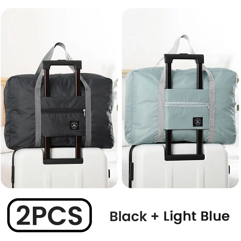 2 Pack Foldable Travel Duffel Bag for Airlines Carry on Bag Weekender Overnight Hospital Tote Bag Gym Duffel Bag Women Men SuperFye Black and Light Blue SuperFye