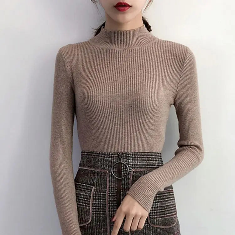 Autumn Winter Mock Neck Women Sweater Vintage Basic Solid Knitted Tops Casual Slim Pullover Korean Sweaters Simple Chic Jumpers SuperFye Khaki / One Size SuperFye