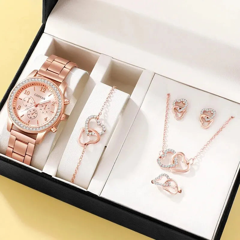 6PCS Set Rose Gold Luxury Watch Women Ring Necklace Earring Rhinestone Fashion Wristwatch Casual Ladies Bracelet Watches SuperFye Rose Gold SuperFye